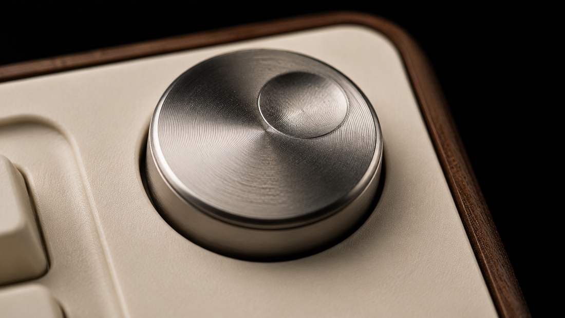 A close up section of Focus Deck, showing a metalic dial on a cream white faceplate that is set into a walnut wooden body