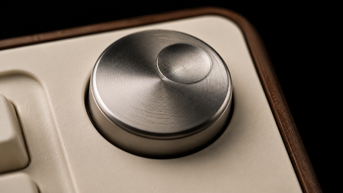 A close up section of Focus Deck, showing a metalic dial on a cream white faceplate that is set into a walnut wooden body