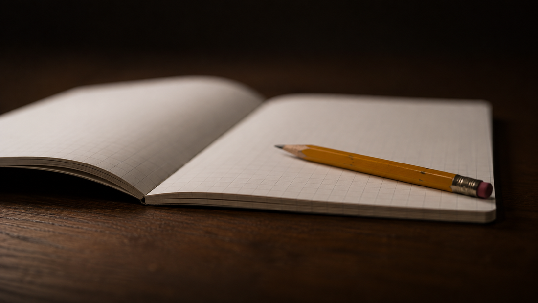Open notebook on a desk with handwritten notes, representing personal reflection and intentional working day design