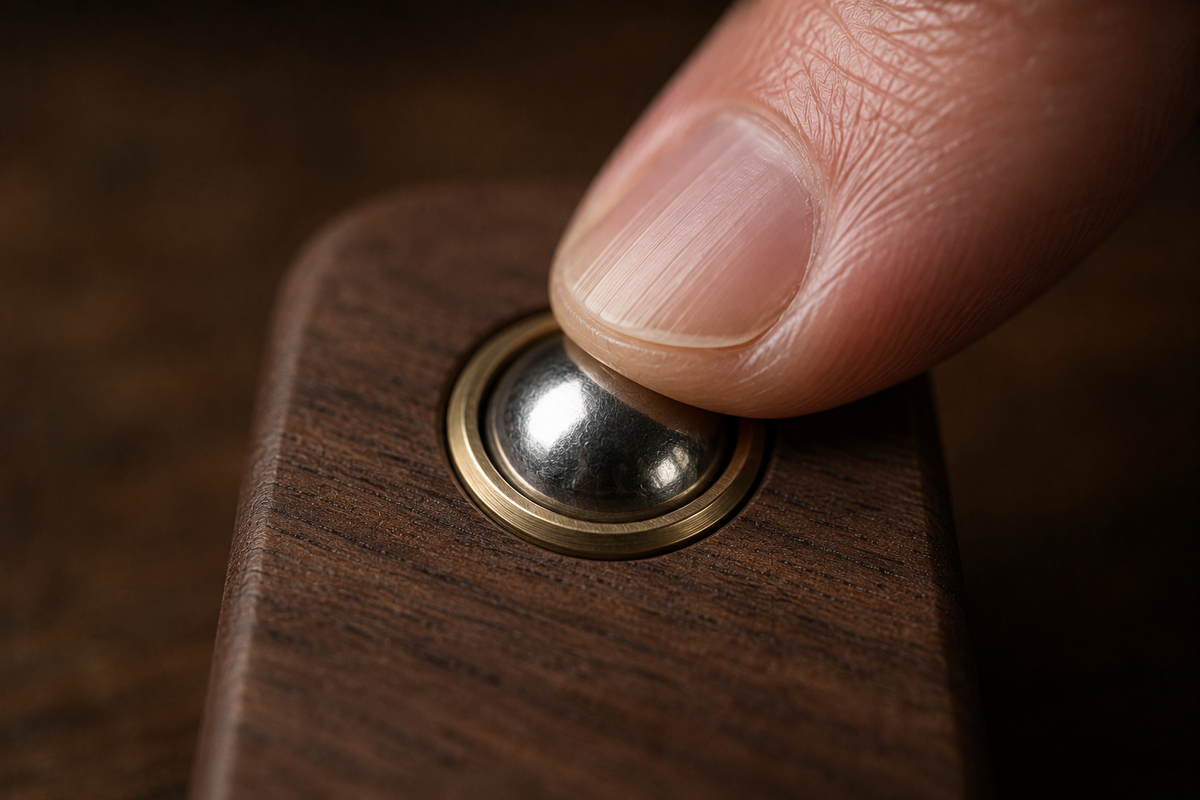 Close-up of a tactile wooden focus tool, showing natural walnut grain and satisfying texture — a premium adult fidget tool designed for calm, focused hands.