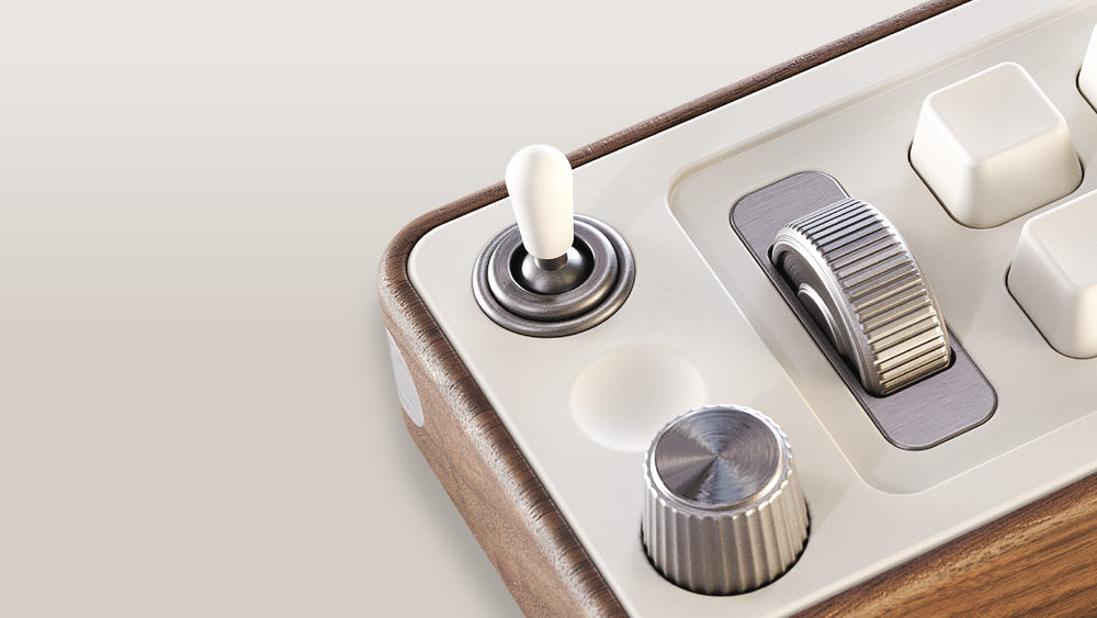 A 3D render of Focus Deck. Close-up of an analogue control panel with a white toggle switch, silver metal knobs, and cream-colored buttons, set against a light beige background.